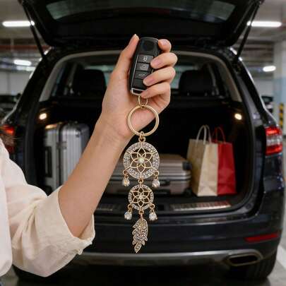 1pc Car Key Chain, Car Interior Decor, Suitable As Valentine's Day Gift, New Dreamcatcher Design With Rhinestones And Hollow Feather, Metal Small Gift, (2 Clasp Styles Randomly Sent)