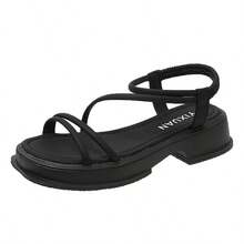Sandalias de suela gruesa con talón de mujer Prendas de abrigo estilo hada para estudiantes Falda versátil con tacón grueso Nuevas sandalias romanas de moda para mujer para el verano Sandalias romanas con tiras cruzadas y tacón grueso para mujer - Negro - Ver 9