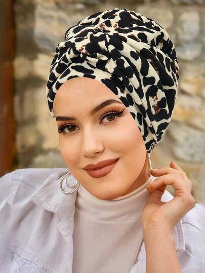 1pc New Fashion Muslim Headscarf Hat, Printed Turban Twist Beanie Cap For Women