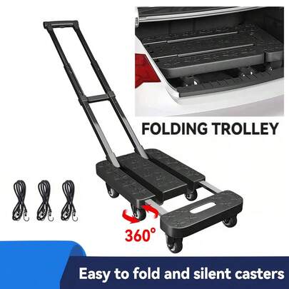 Heavy Duty Foldable Hand Truck Dolly Cart Luggage Sack Barrow Cart Trolley,Heavy Duty Foldable Hand Truck With 6 Wheels,Portable Collapsible Dolly, Elastic Ropes, Non-Slip Texture, Luggage Carrier For Travel, Moving, Shopping And Office Use, Ergonomic, Compact And Durable Blue/Black.