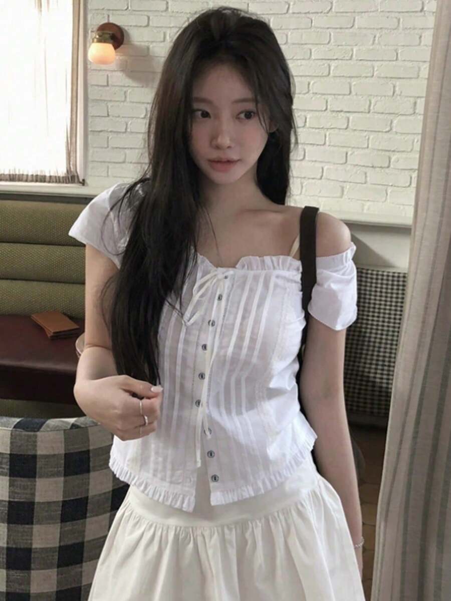 甜美韩式荷叶边纽扣短袖衬衫上衣,修身百搭白色夏季款 - 白色 - 查看 1