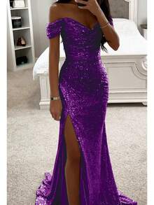 New Sequin Off-Shoulder Split Dress For Party Casual Fashion Women's Dress - 銀色 - 查看 7