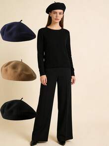 女士纯色贝雷帽，简约百搭，复古艺术家风格，秋冬款 - 彩色 - 查看 1