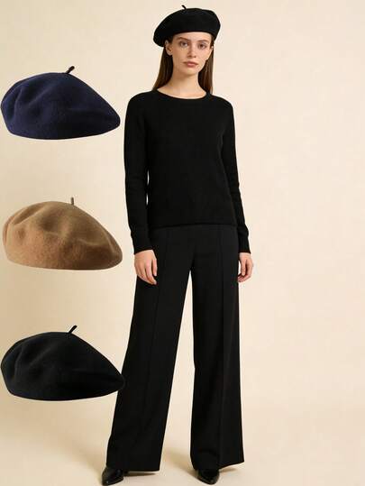 1 st enfärgad baskerhatt för kvinnor, minimalistisk och mångsidig basker, retro konstnärsstil, höst/vinter