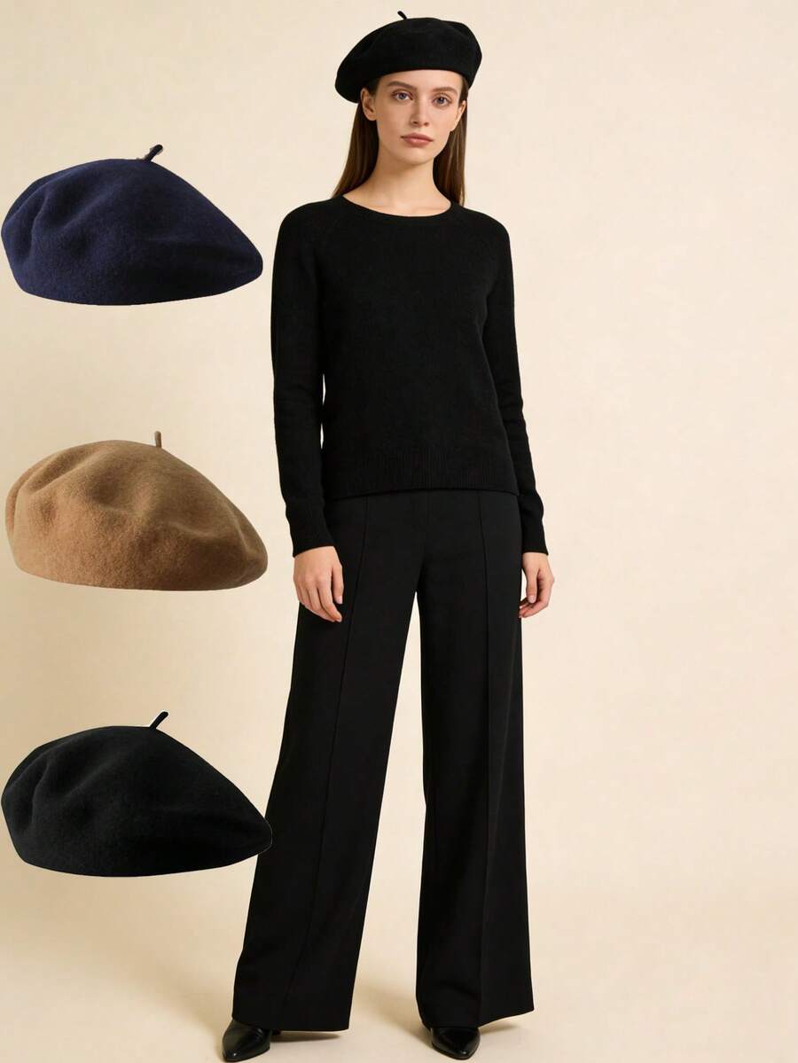 女士纯色贝雷帽，简约百搭，复古艺术家风格，秋冬款 - 彩色 - 查看 1