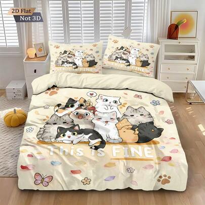 3pcs Set (1 Duvet Cover + 2 Pillowcases, No Filler), Soft & Warm Bedding Set With Cute Embroidered Cat Pattern, Breathable For All Seasons, Available In Multiple Sizes For Children, Teens & Adults. Zipper Closure, Machine Washable, Ideal For Hotel, Bedroom, Dorm Room Decor Or Gift
