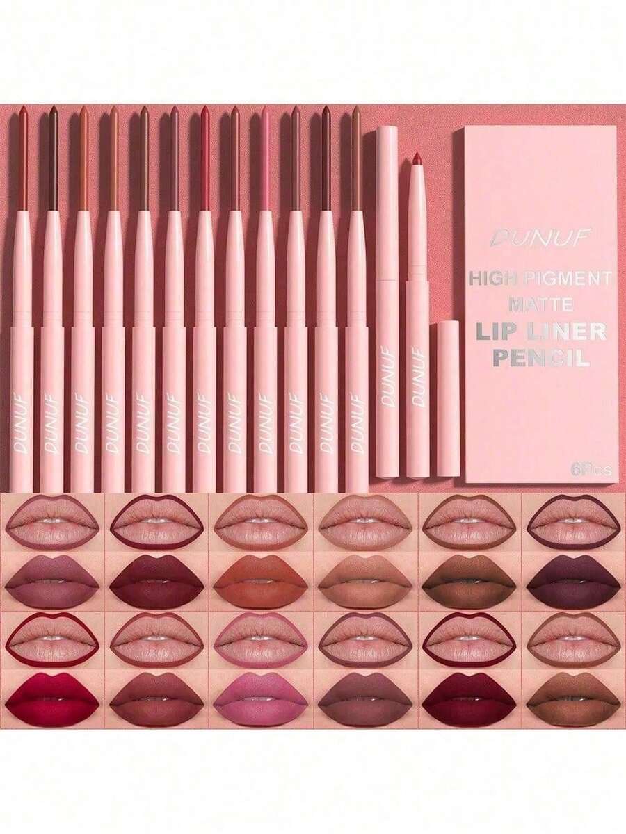 Set de 6 delineadores de labios retráctiles a prueba de agua y de larga duración con efecto terciopelo mate cremoso para esculpir y definir los labios (#01) - Strawberry - Ver 1