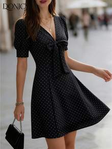 DONICY Women's Black White Dot V-Neck Puff Sleeve Mini Dress With Bow Detail Flared Skirt Summer Dress - Black - View 3