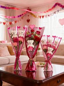 5pcs/1pc Romantic Artificial Rose Flower Bouquet With Plush Teddy Bear - Suitable For Valentine's Day, Wedding, Birthday And Other Occasions - DIY Bouquet Accessory, Vivid Roses For Home Decor And Special Events - Multicolor - View 3