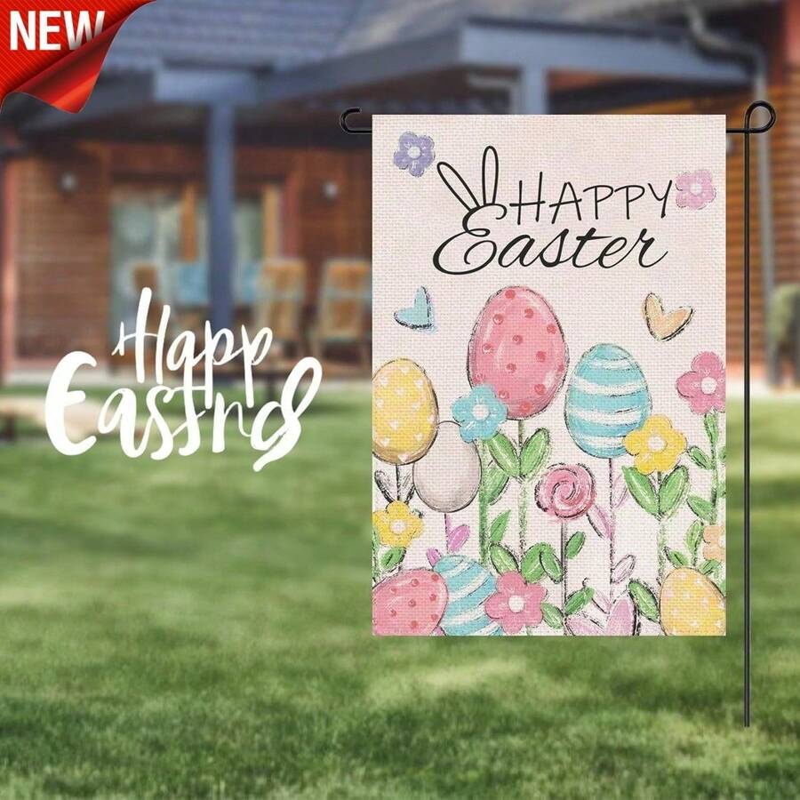 Weatherproof Happy Easter Garden Flag 12x18 Inch - Double Sided Burlap Handmade Look Flag, Easter Flower Themed Porch & Yard Banner, Festive Holiday Outdoor Decoration For Easter Celebrations | Durable Decorative Flag For Garden, Courtyard & Patio, Ideal For Holiday Decorators & Home Outdoor Enthusiasts - Nhiều màu - Xem 1