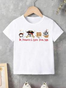 White Background Disney Pirate Style Mickey Mouse Print Kids' Loose Short Sleeve T-Shirt - Playful And Cute Adventure Style Top - 白色 - 查看 2