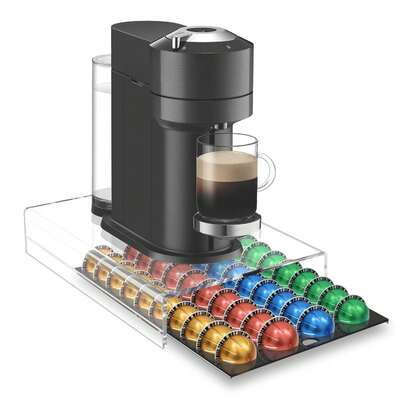 一款适用于咖啡胶囊的咖啡胶囊收纳盒。升级版亚克力咖啡胶囊抽屉式收纳架，兼容咖啡胶囊，可容纳40颗胶囊，尺寸为16英寸*11英寸*4英寸。