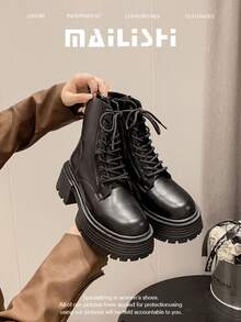 Zapatos para mujeres, botas cortas para mujeres, botas cortas con tacón grueso para mujeres, botas cortas con cordones para mujeres, botas cortas con cremallera lateral - Negro - Ver 6