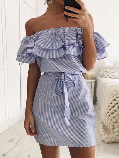Vestido sin tirantes con hombros descubiertos, rayas y mangas con volantes para mujer,Vestido corto para mujer