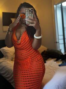 Women's Red Tie Strap Cropped Sleeveless Backless Deep V-Neck Sexy Bohemian Style Fitted Long Dress, Suitable For Beach, Beach Party, Music Festival And Cocktail Party - Red - View 7