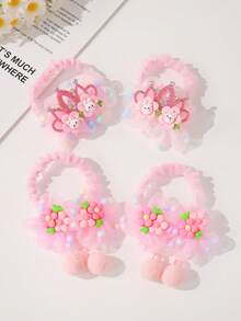 2个装 女孩可爱粉色花朵绒球发圈 - 粉色 - 查看 5