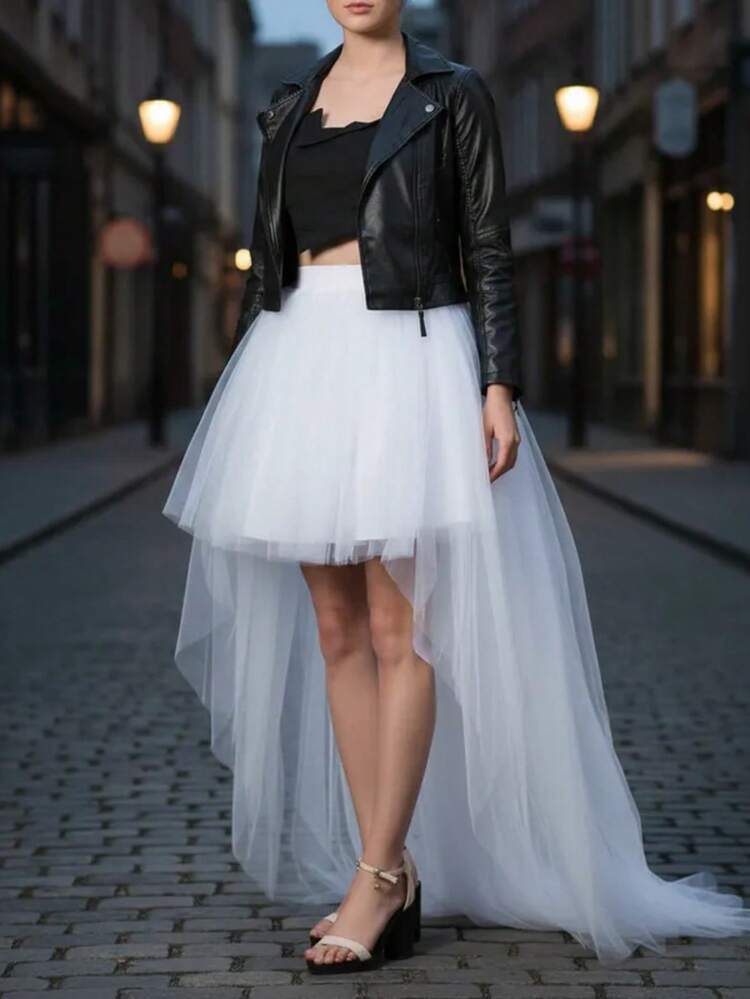 Women's High-Low Puff Skirt, Sweet Elastic Waistband, Layered Tulle Ruffles, Princess Style Slip Dress, Multi-Layer Long Mesh Skirt, Suitable For Balls, Parties, Halloween And Other Occasions - Multicolor - View 3