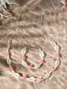 1 Set Of 2pcs Ocean Themed Cartoon Shell Necklace + Adjustable Starfish Necklace Bracelet Jewelry, Unique Design - Set - View 4