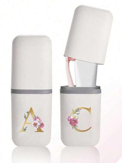 Travel Toothbrush Holder, Portable Toothbrush Cup Cover, Peony Gold Characters Letters A-Z,Suitable For Travel, Camping, Business Travel, And School, Multi-Purpose Toothbrush Cup, Travel Wash Cup, Toothbrush And Toiletries Storage Kit, Minimalist Toiletries Storage Box, Travel Essentials, Bathroom Accessories, Household Items, And Storage Supplies, Toothbrush Box Holder Cover Bathroom Accessories , Keep Your Toothbrush Clean And On The Go!