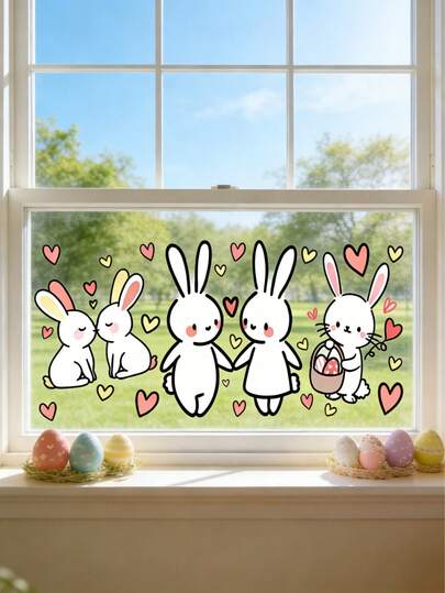 1 pièce Autocollant de fenêtre mignon de lapin avec des œufs de Pâques colorés Résistant aux rayures, vinyle facile à appliquer, auto-adhésif, convient pour les fenêtres intérieures, idéal pour la décoration des fenêtres de la chambre à coucher et du salon, ajoute un charme festif à la maison