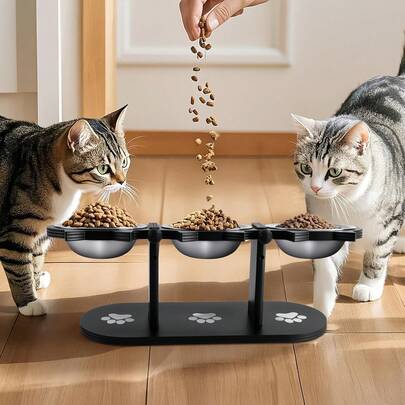 1个猫用增高碗，可调节高度，15度倾斜角度，适用于猫、幼犬和小型宠物；也可用于狗，可调节高度，兼具食盆和水盆功能；配有3个不锈钢支架；宠物必备用品；易于组装和携带；易于清洁，可拆卸清洗；多猫家庭的理想猫碗。