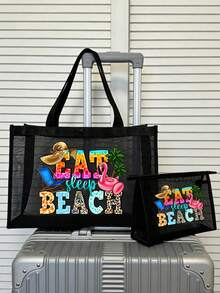 大容量网眼包套装，沙滩手提包，印有“Eat Sleep Beach”字母图案、椰子树和火烈鸟图案，沙滩风格，便携式镂空网眼单肩包，洗漱包，化妆包，化妆品收纳包，可折叠大容量沙滩包，防水防沙，适合海滩度假 - 彩色 - 查看 2