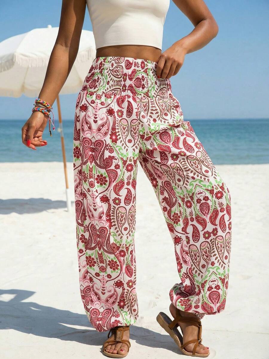 Quần dài nữ in họa tiết phong cách Bohemian, cạp cao, dây rút, ống rộng, thích hợp cho kỳ nghỉ (YY1184) Mùa xuân - Màu Khaki - Xem 1