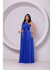 Women's Tulle Crystal Dress Shiny Color Long One Shoulder One Sleeve Long Cape Fashion Prom Party Social - 寶藍色 - 查看 3