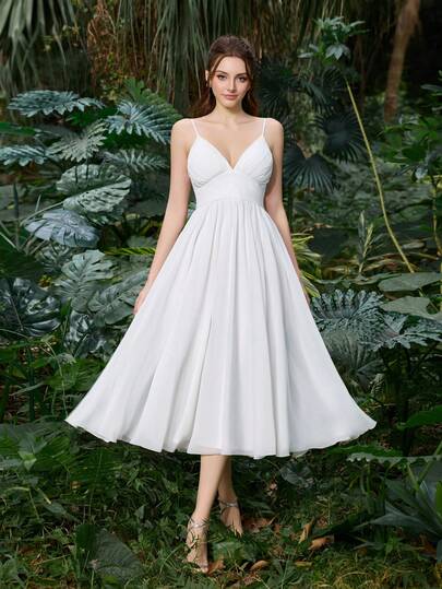 Faeriesty Elegant White V-Neck Ruffle Midi Dress - High Waist A-Line Chiffon Summer Dress Suitable For Party, Beach, Vacation, Wedding