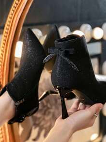 Botines de tacón alto botines de punta botines de mujer botines con lazo botines elegantes botines de moda botines versátiles - Negro - Ver 2