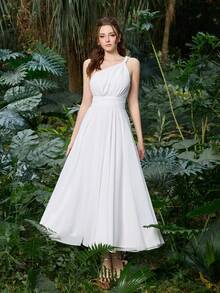 Faeriesty Women's Elegant Sleeveless White Chiffon Maxi Dress, A-Line Pleated Flowy Beach Wedding Guest Evening Gown - White - View 1