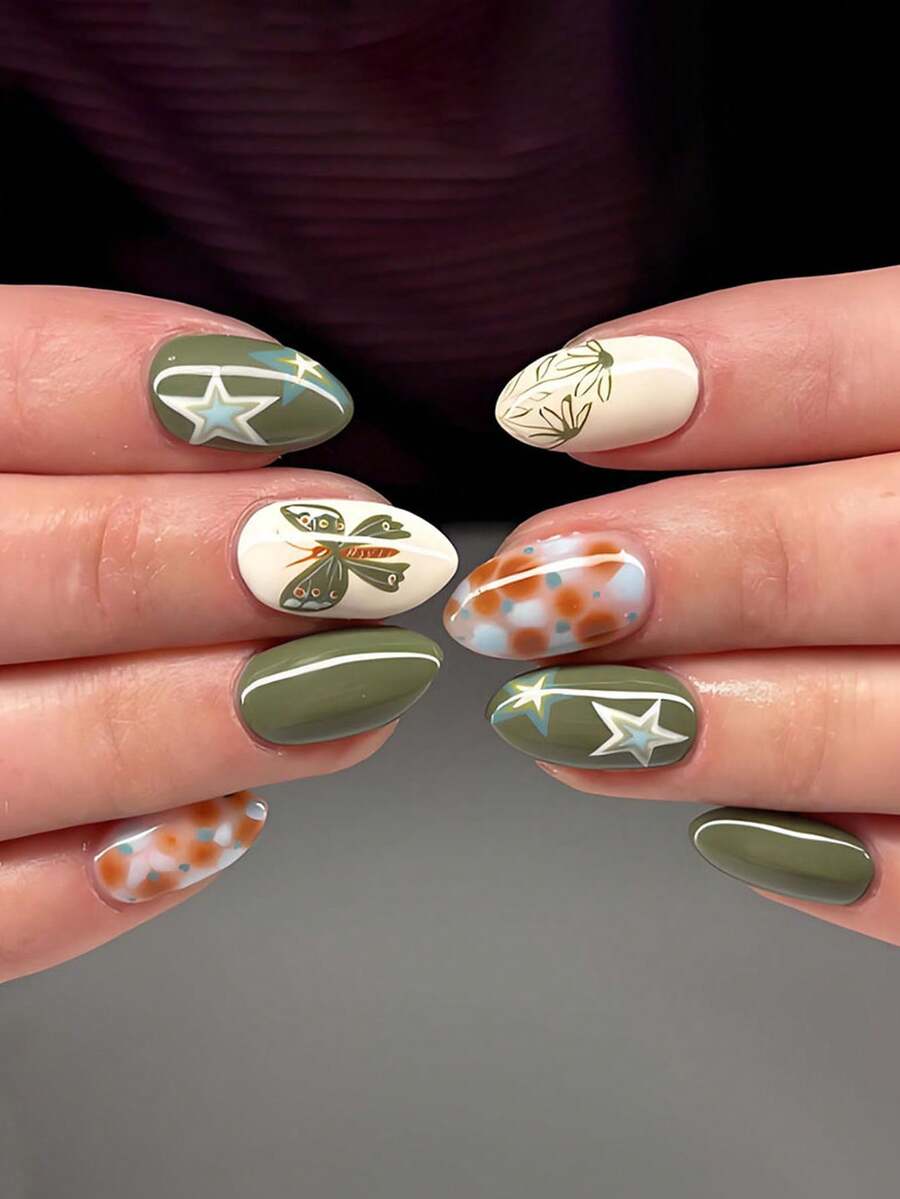 24pcs/Set Y2K Style Cute Butterfly & Star Pattern Almond Full Cover Press-On Nails, Includes Jelly Gel And Nail File, Ideal For Girls/Women Daily, Date, Party Wear - Multicolor - View 1