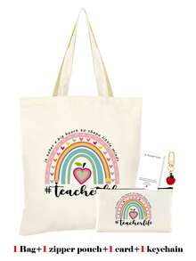 10/5/4/2pcs/1pc/Set Teacher Themed Canvas Tote Bag, Shopping Bag, Zipper Pouch, Appreciation Card, Apple Keychain Canvas Gift Set, Suitable For Back To School, Graduation, Teacher's Day, Multi-Purpose Shopping Bag, Book Bag, Stationery Pouch Set, Portable For SPA, Party, Gym, Travel, Cosmetic Organizer - Beige - View 20