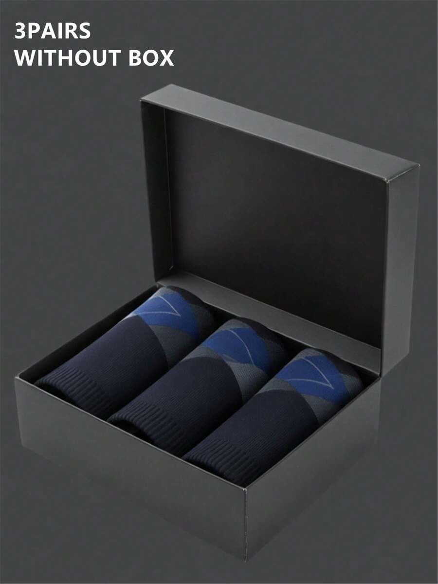 3 Pairs Random Color Men's Socks, Classic Diamond Pattern Reinforced Bottom Mid-Calf Dress Socks, Spring/Autumn - Grey - View 1