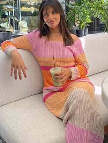 Senya 女士圆领撞色条纹长袖针织连衣裙，甜美优雅风格，适合日常休闲穿着、约会、情人节、婚礼、休闲派对、机场穿搭、海滩度假等场合，2026 夏季新款 - 亮橙色 - 查看 4