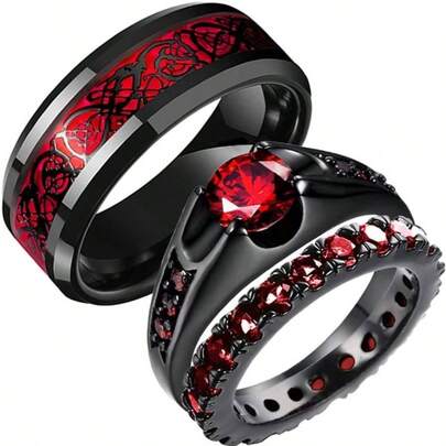 Anillo de novia negro 2 en 1, anillo de dragn celta rojo, para l y para ella, anillos de boda para parejas, anillos de compromiso, anillos de compromiso para parejas, conjuntos de novia