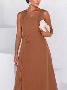 Women's Midi Dress With Draped Waist And Elegant Slit - Lạc đà - Xem 4