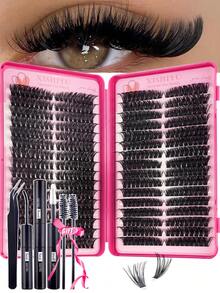 576/544 Individual/32 Pairs Of Cartoon-Style False Eyelashes, With A Natural Look, Resembling The Eyelashes Of A Fairy. Suitable For Beginners, Single Eyelashes, D-Shaped Curly Clusters Of Eyelashes, Large Capacity Sets, Beginner-Friendly False Eyelash Extension Sets, Including Glue, Sealant And Tweezers. - Black - View 2