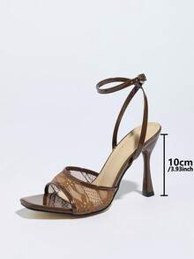 Women's High Heel Lace Mesh Printed Mule Shoes, Breathable, Suitable For Spring/Summer Parties, Gatherings, Outdoor Occasions, Fashion Elegant Banquet Waist-Cinching Strap Square Toe Stilettos, Sexy Open Toe Ladies Sandals Paired With High-Quality Glossy Solid Color Criss-Cross Thin Straps, Elegant Chocolate Brown High Heels - Chocolate Brown - View 5