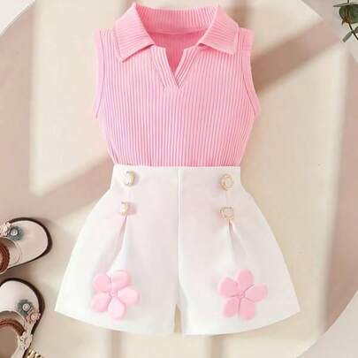 2pcs Summer Toddler Girls Solid Color Lapel Sleeveless Top + Floral White Shorts Fashion Outdoor Outfit