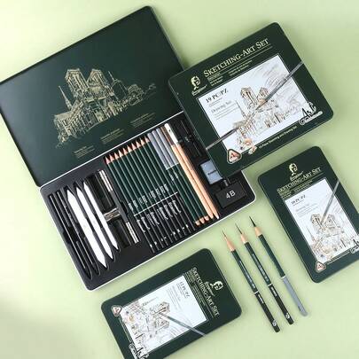 10/12/19/27pcs Sketch Pencil Set, Professional Art Charcoal Pencil Drawing Kit, Portable Iron Box Pencil Set, Woodless Charcoal Pencil, Art Painting Tools