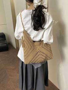 Retro Handwoven Straw Tote Bag, Beach Vacation Woven Bag, 2026 New Arrival - Khaki - View 7