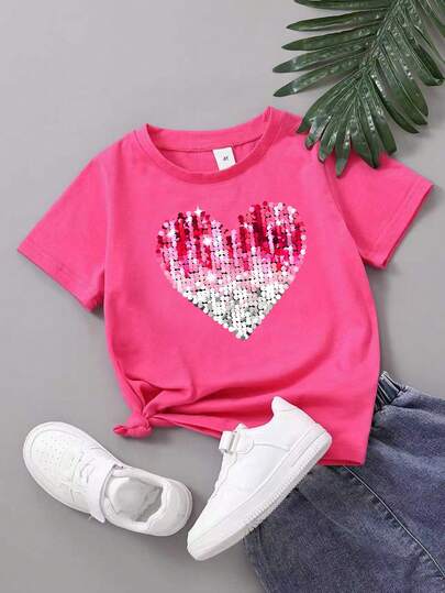 Toddler Casual Heart Print Crew Neck Short Sleeve T-Shirt, Summer