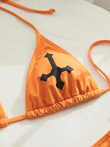 Women's Street Devil Cross Print High Cut Thong Backless Tie Back Beach Vacation Bikini Set Set Summer - Orange - View 4
