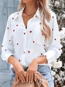 Women's Casual Versatile Elegant Single-Breasted Heart Print Shirt Top - White - View 1
