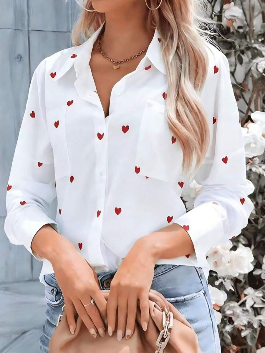 Women's Casual Versatile Elegant Single-Breasted Heart Print Shirt Top - White - View 1