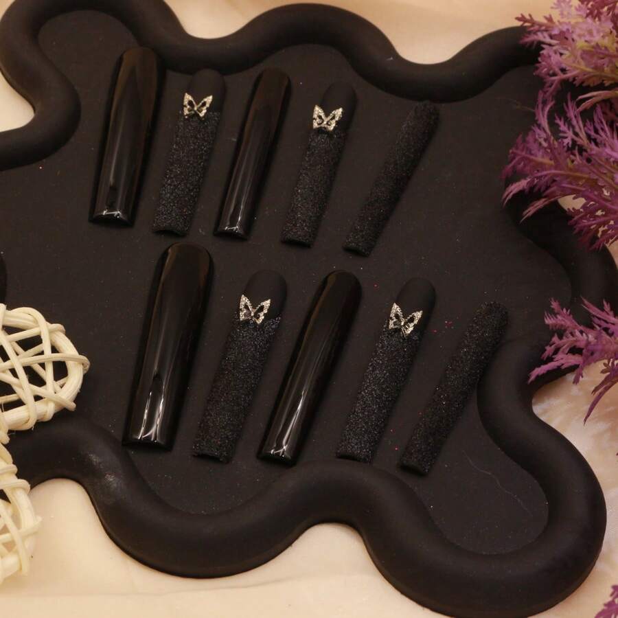 2026 New Arrival Handmade Press On Nails, Extra Long Black Glossy & Flocked Fake Nails With Butterfly, Removable Fashion Unique False Nails Girls - CR01 - View 1
