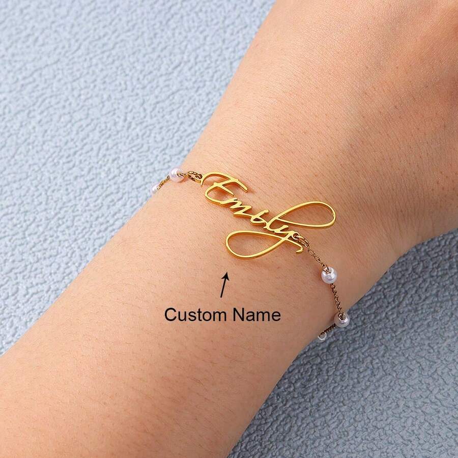 Custom Name Bracelets For Women Stainless Steel Faux Pearl Chain Customized Bracelet Female Personalized Wrist Jewelry Girlfriend Birthday Valentine's Day Gift - Multicolor - View 1