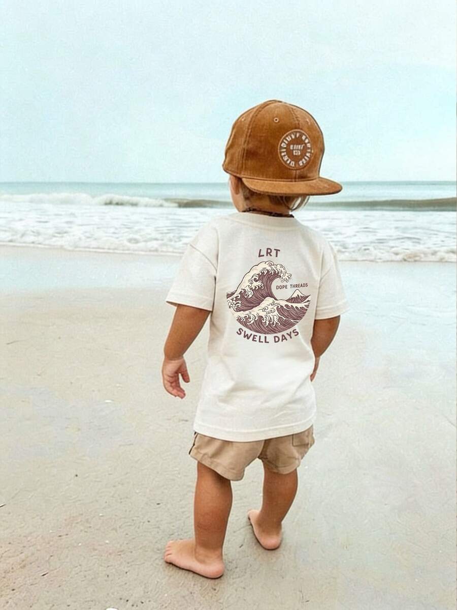 1件婴儿/幼儿男童创意卡通图案字母标语印花基本款圆领短袖T恤，休闲时尚 - 杏色 - 查看 1