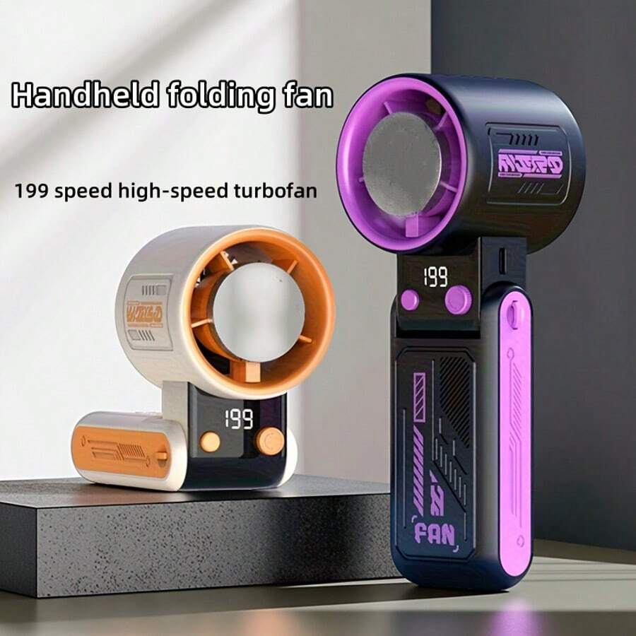 1800mAh 可充电 USB 手持折叠式涡轮风扇，带显示屏，三档风速可调，桌面/便携式夏季降温风扇，适合露营、旅行、户外活动，也适用于家庭、办公室和度假。